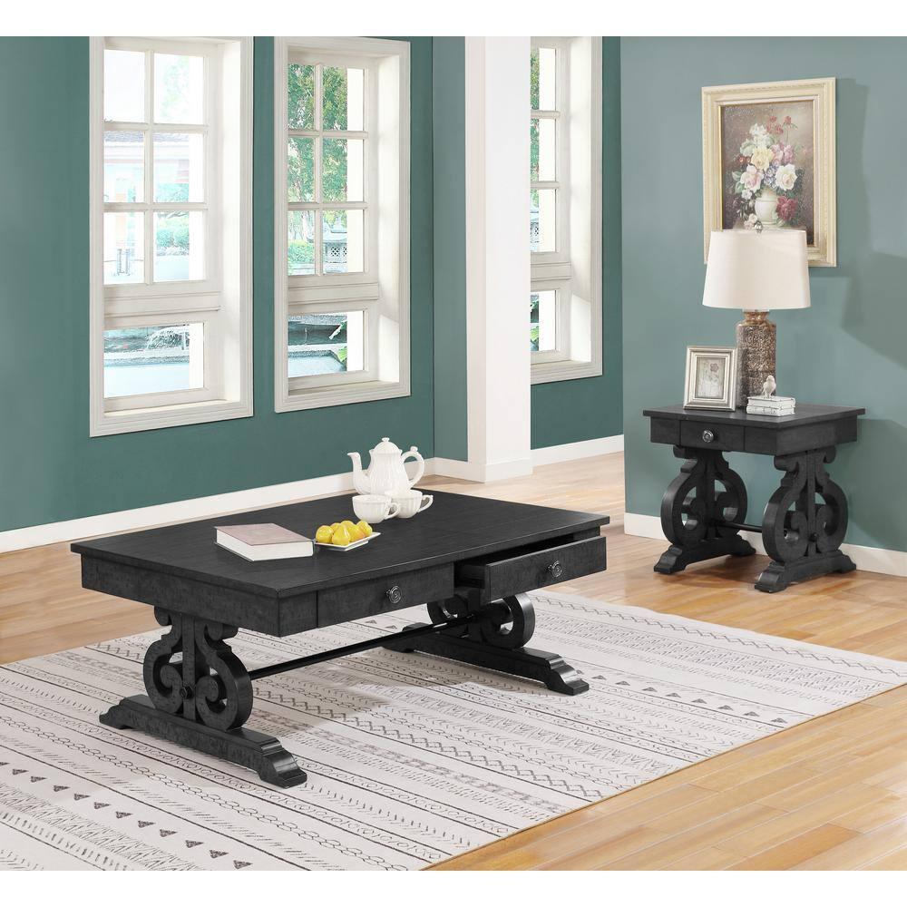 Traditional 2pc Coffee Table Set in Rustic Dark Gray Wood with Drawer Storage