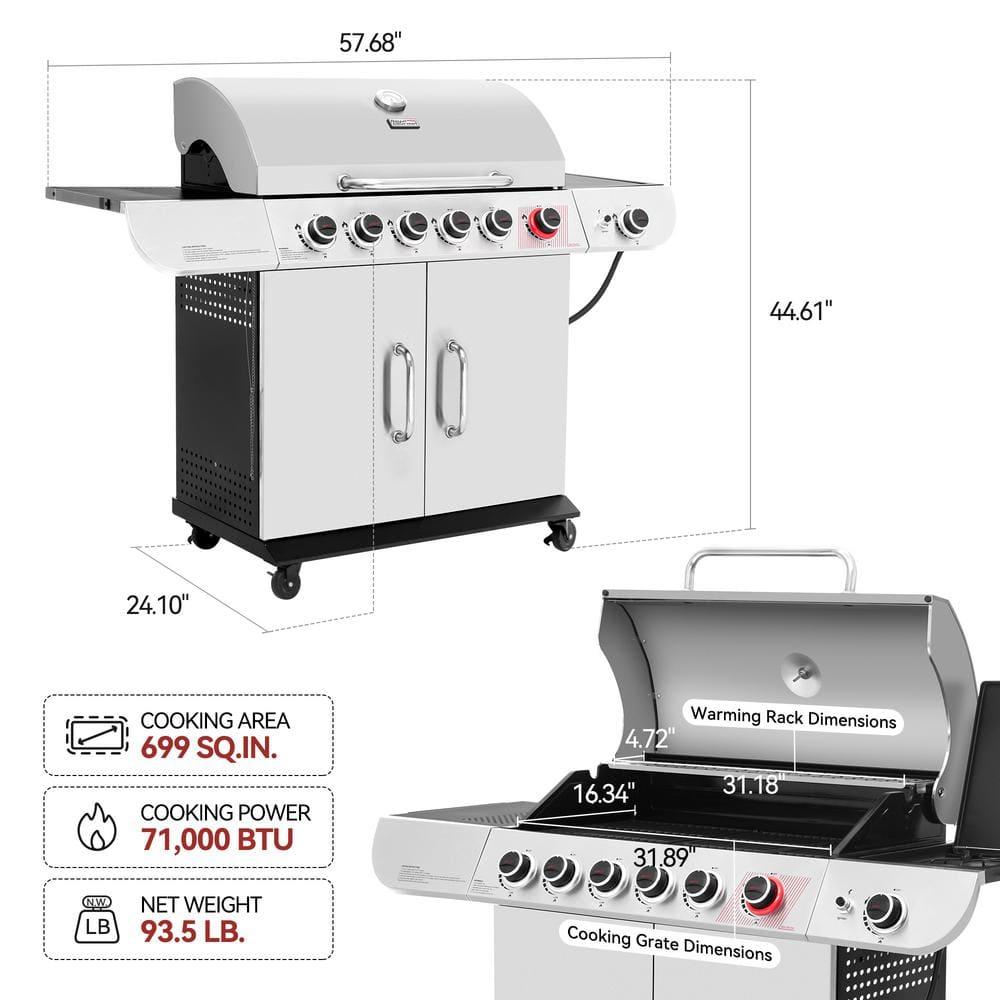 Stainless Steel 6-Burner Propane Gas Grill with Side Burner