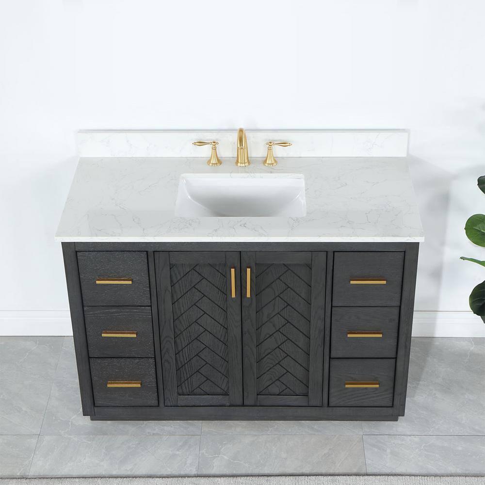 Gazsi 48" Single Bathroom Vanity Set in Brown Oak with Grain White Composite Stone Countertop without Mirror