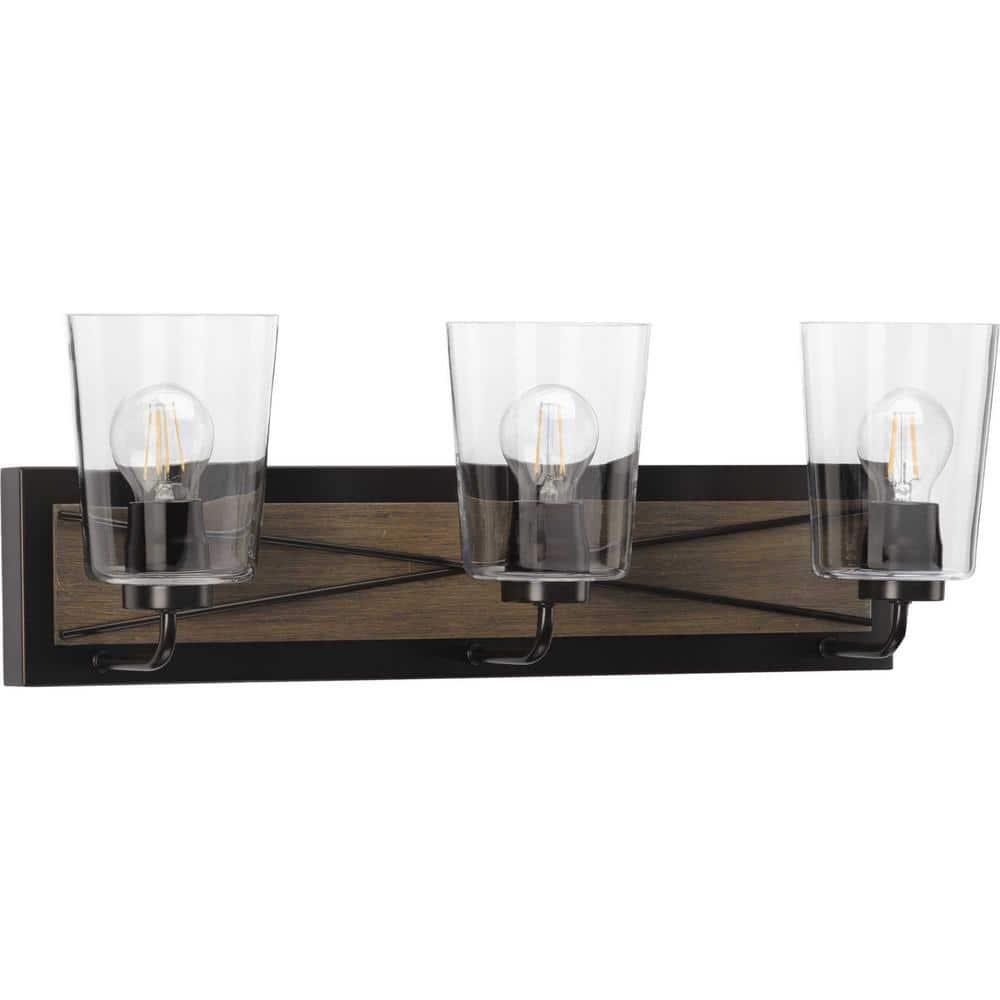 Progress Lighting Briarwood 3-Light Bath Vanity in Antique Bronze with Clear Glass Shades