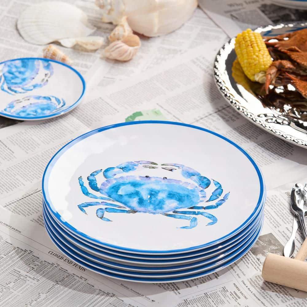 Blue Crab Melamine 11-Inch Dinner Plates Set for Coastal Dining