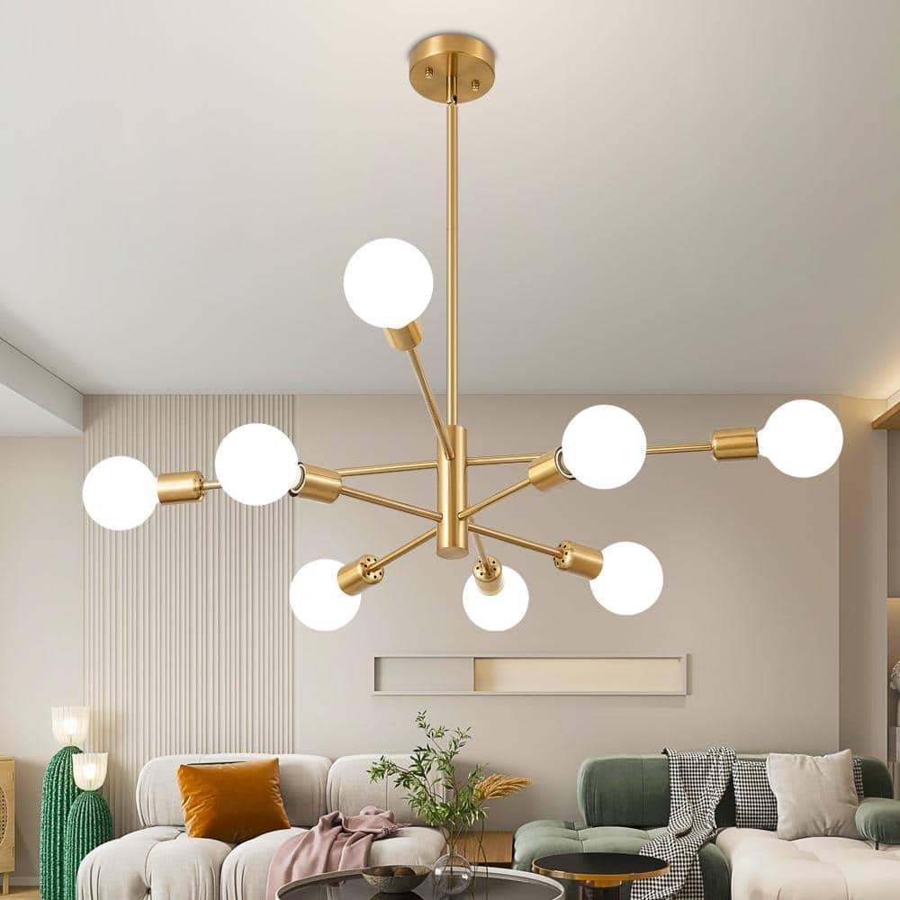 Modern Gold Sputnik Chandelier with 8 Lights E26 Mid Century Ceiling Lighting Fixtures for Living Room, Kitchen Island, Bedroom, Dining Room, and Farmhouse