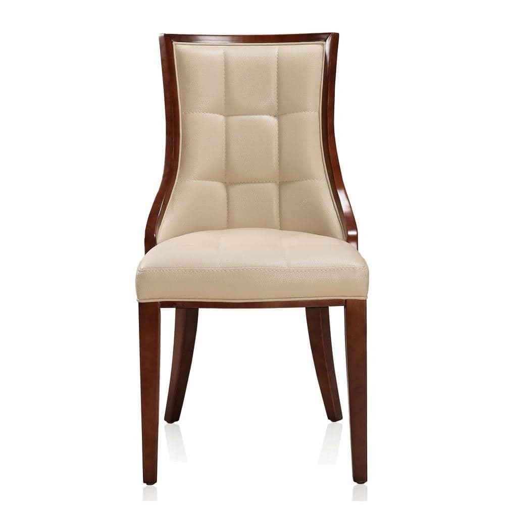 Manhattan Comfort Fifth Avenue Faux Leather Dining Chair (Set of Two) in Cream and Walnut