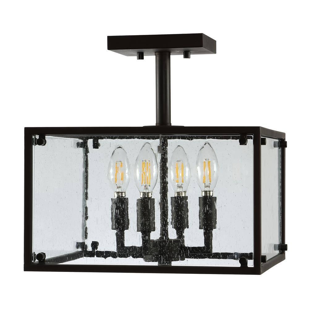 Paysan 13" 4-Light Iron/Seeded Glass Rustic Farmhouse LED Flush Mount, Oil Rubbed Bronze