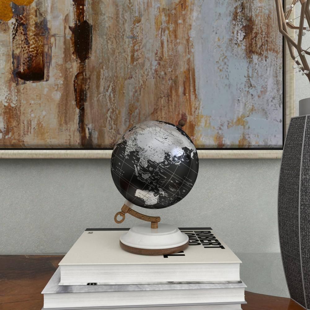 DecMode 5" Small Black World Map Globe with Silver Continents and White Marble Base