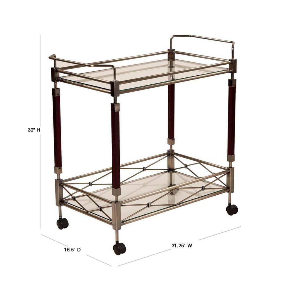 Melrose Serving Cart Antique Brass - OSP Home Furnishings: Mid-Century Glass Top, Metal Frame with Casters