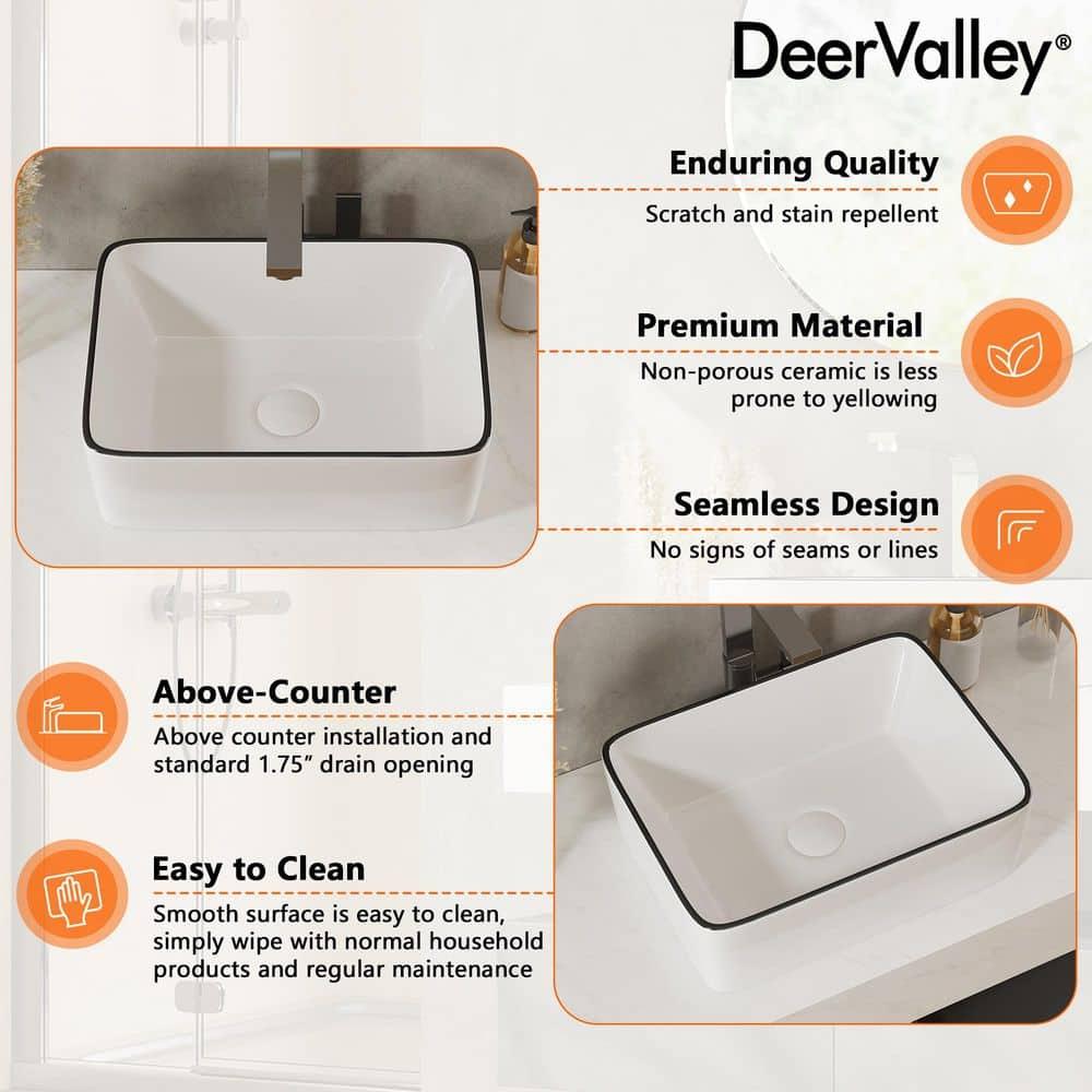 DeerValley DV-1V0317 Deervalley Liberty 16'' X 12'' Rectangular Vitreous China Vessel Bathroom Sink, White With Black Striped Edge