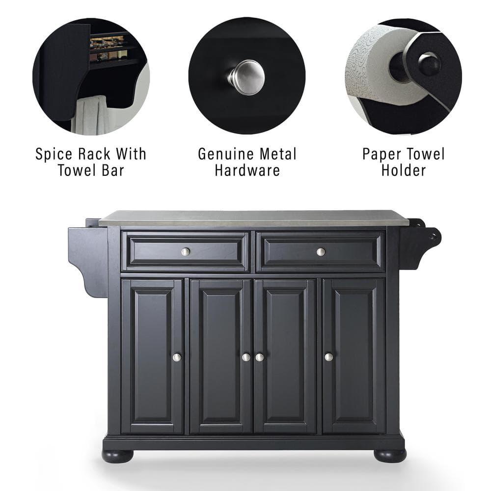 Alexandria Stainless Steel Top Kitchen Island Wood/Black - Crosley: Hardwood Frame, 6 Shelves, 2 Drawers