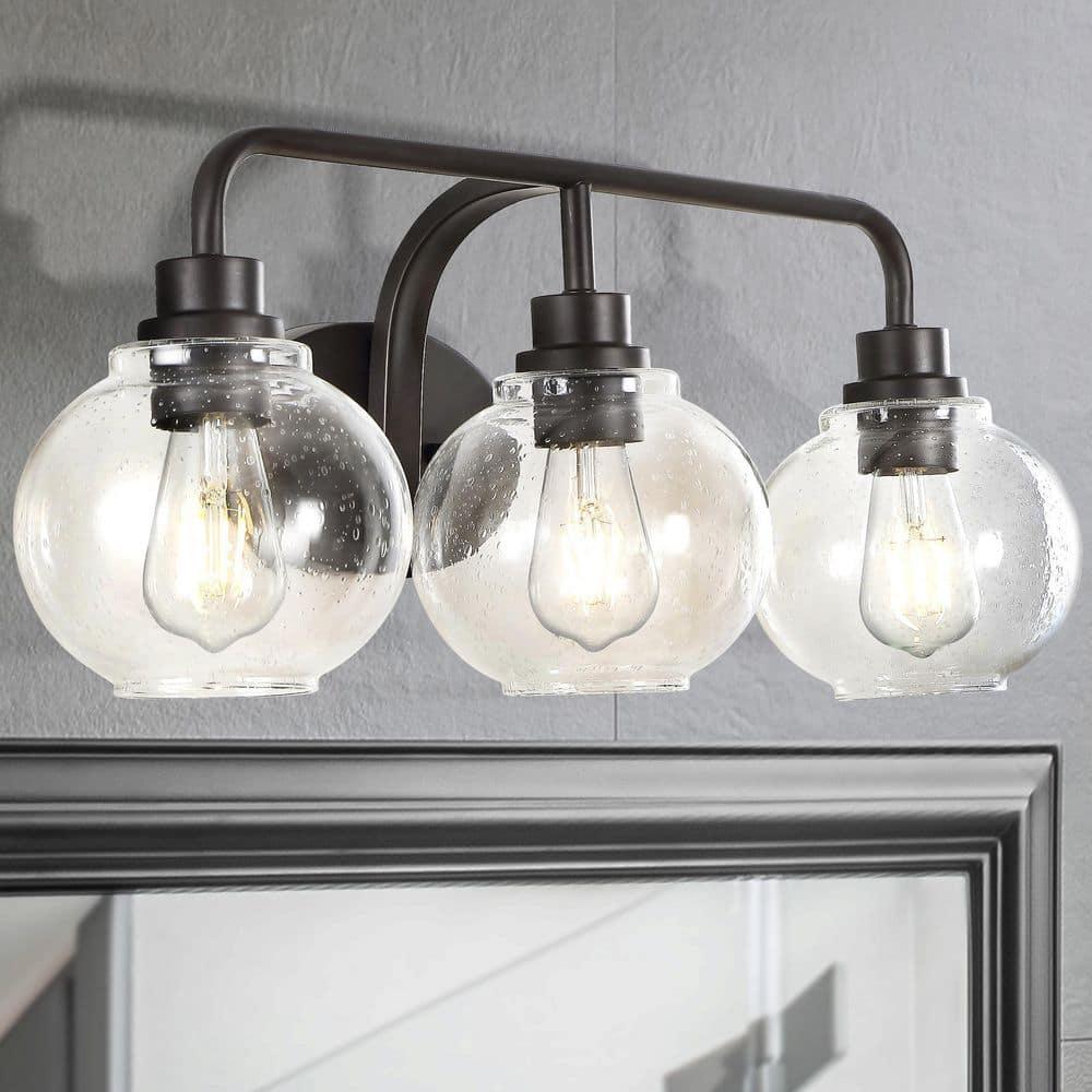 JONATHAN Y Sandrine 26.25" 3-Light Iron/Seeded Glass Cottage Rustic LED Vanity Light, Oil Rubbed Bronze