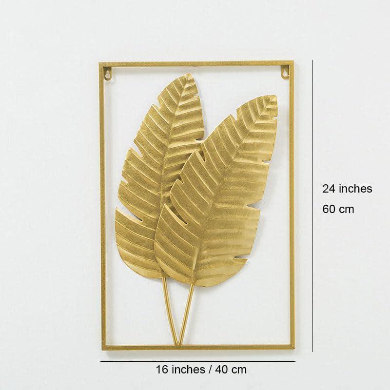 Rosdorf Park Gold Metal Wall Decor Set Of 2, Leaf Wall Hanging Home Decor With Frame, Modern Wall Art Decor Wall Sculptures For Living Room, Bedroom, Office, Hotel, Large 24" X 16"