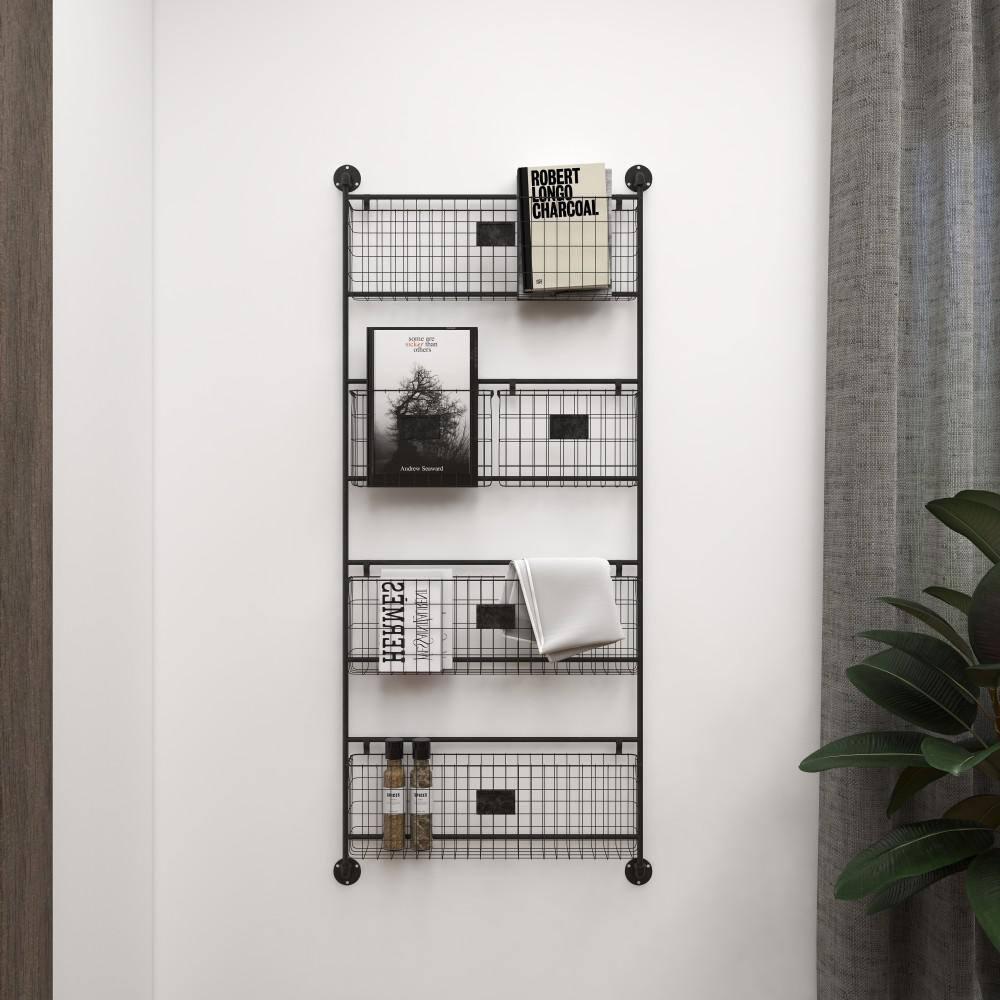 DecMode 4-Tier Industrial Wall Organizer Basket and Magazine Rack Holder, 27"W x 5"L x 61"H, Black Metal with Rustic Distressed Finish