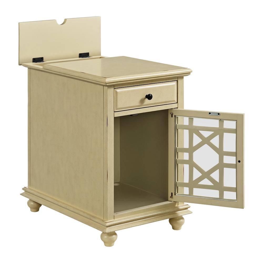 Chairside Table with 1 Drawer and 1 Trellis Door, Antique White- Saltoro Sherpi