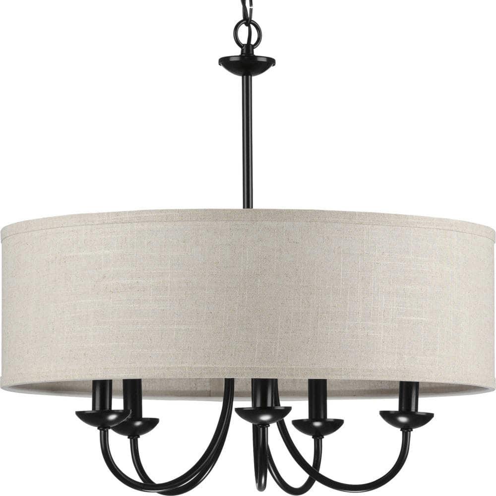 Progress Lighting, Drum Shade Collection, 5-Light Pendant, Black Finish, Harvest Linen Shade