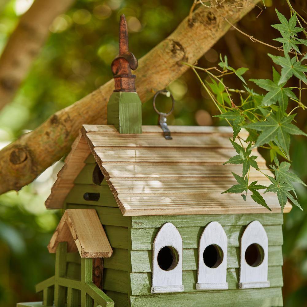 Green Hand Painted Wood Birdhouse with Distressed Details
