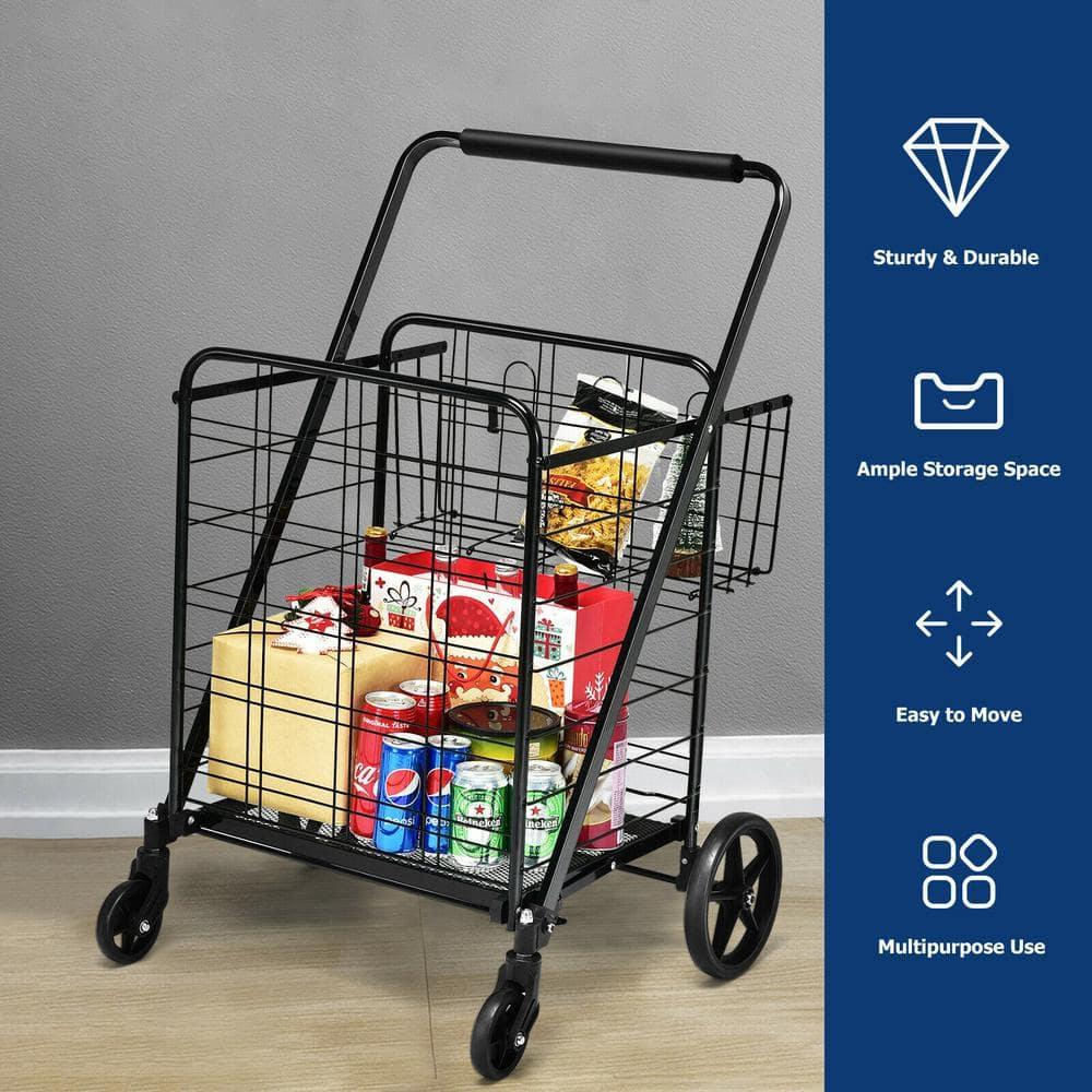 Costway Heavy Duty Folding Shopping Cart Utility Jumbo Double Basket 330lbs Black
