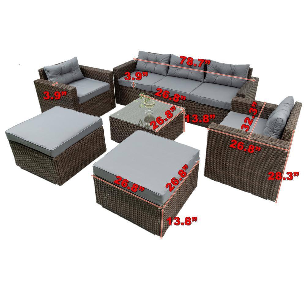 6-Piece Gray Cushioned Rattan Wicker Outdoor Sofa Set