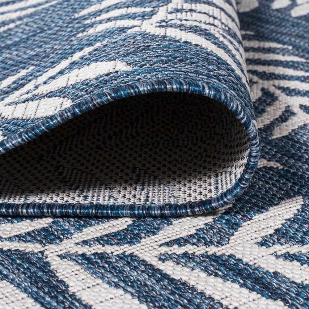 5' Square Nevis Palm Frond Indoor/Outdoor Area Rug, Navy/Ivory - JONATHAN Y
