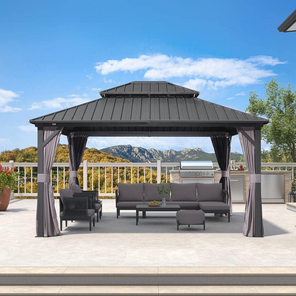 PURPLE LEAF 12' x 14' Permanent Hardtop Gazebo Aluminum Frame Gazebo with Galvanized Steel Double Roof, UV-Resistant for Backyard Patio Lawn and Garden, Netting & Curtains included - Grey