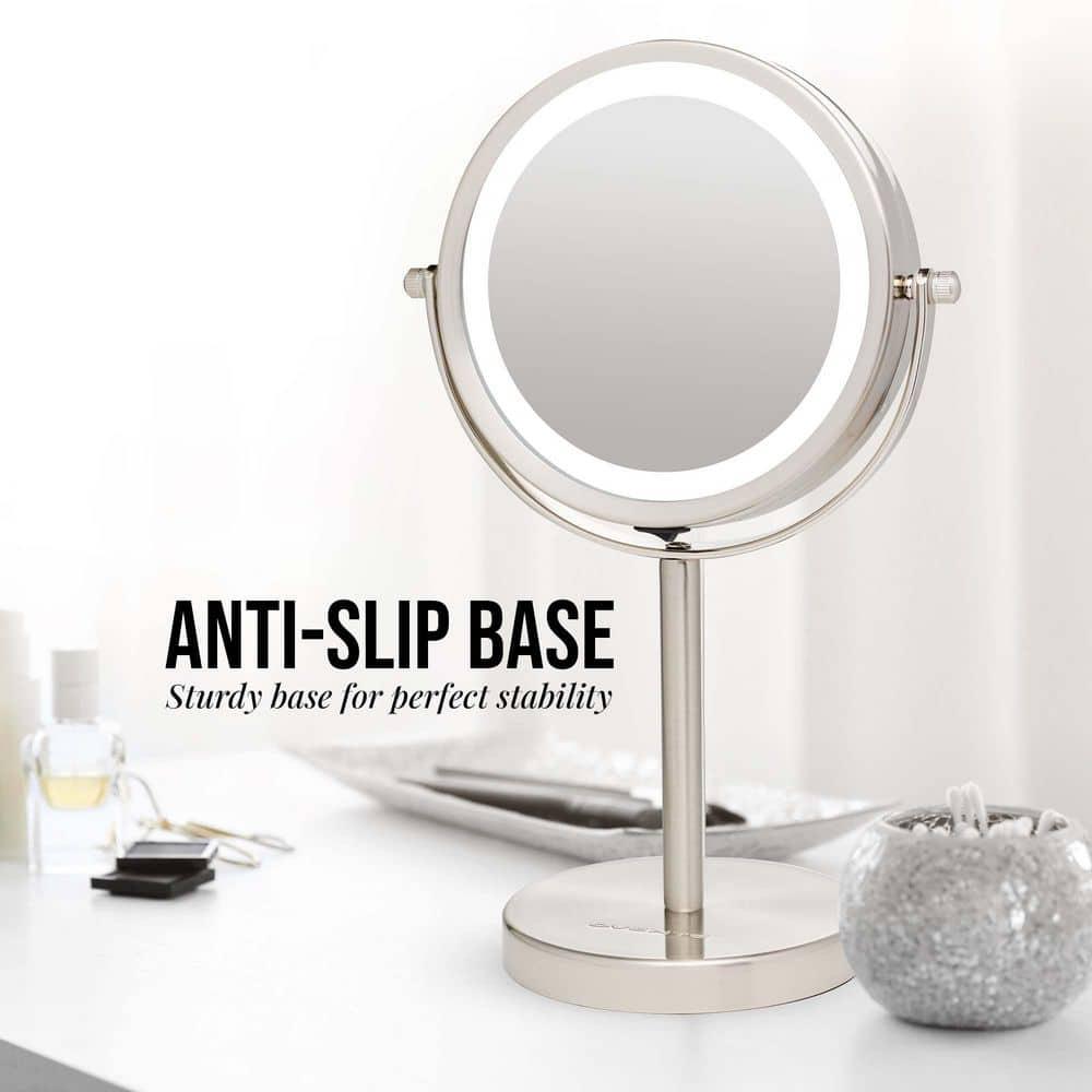 Ovente OVENTE 6" Lighted Makeup Mirror with 1X/7X Magnification, Cordless Tabletop Mount Vanity Round Mirror with 360° Swivel Design and Double Sided Cool Tone LED Ring Light, Nickel Brushed MLT60BR1X7X