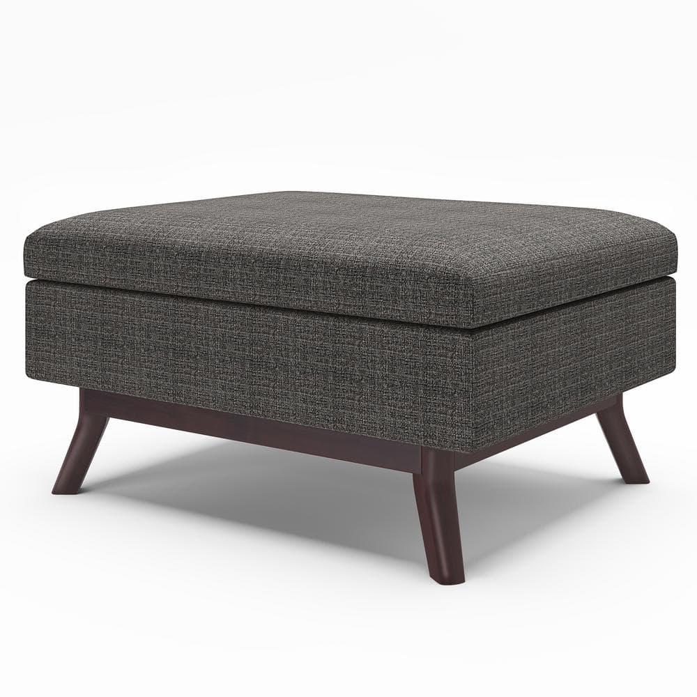 Simpli Home Owen 34"W Upholstered Coffee Table Storage Ottoman with Lift Top and Solid Wood Legs