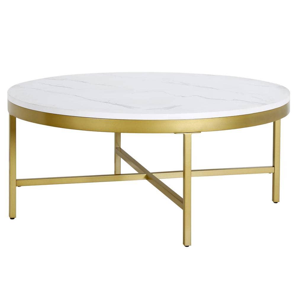Henn&Hart Brass Finish Coffee Table with Faux Marble Top