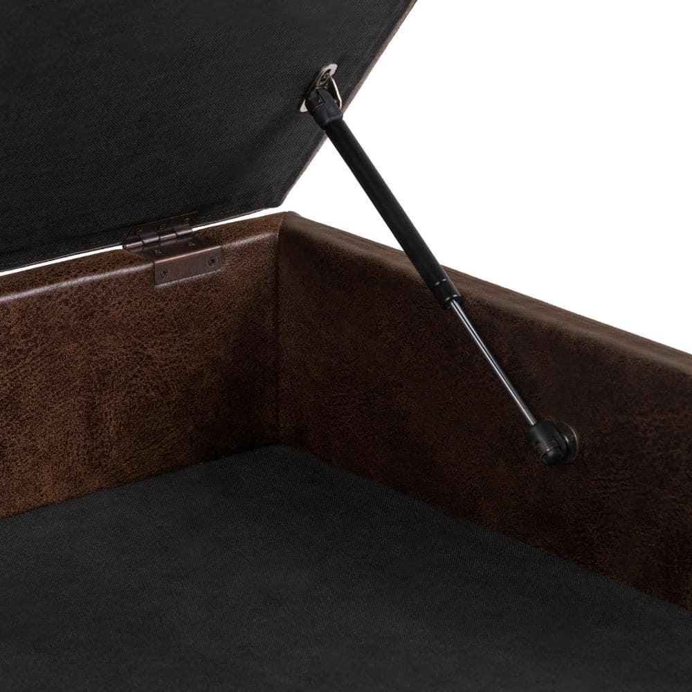 Simpli Home Owen 36"W Upholstered Square Coffee Table Storage Ottoman with Lift Top and Solid Wood Legs
