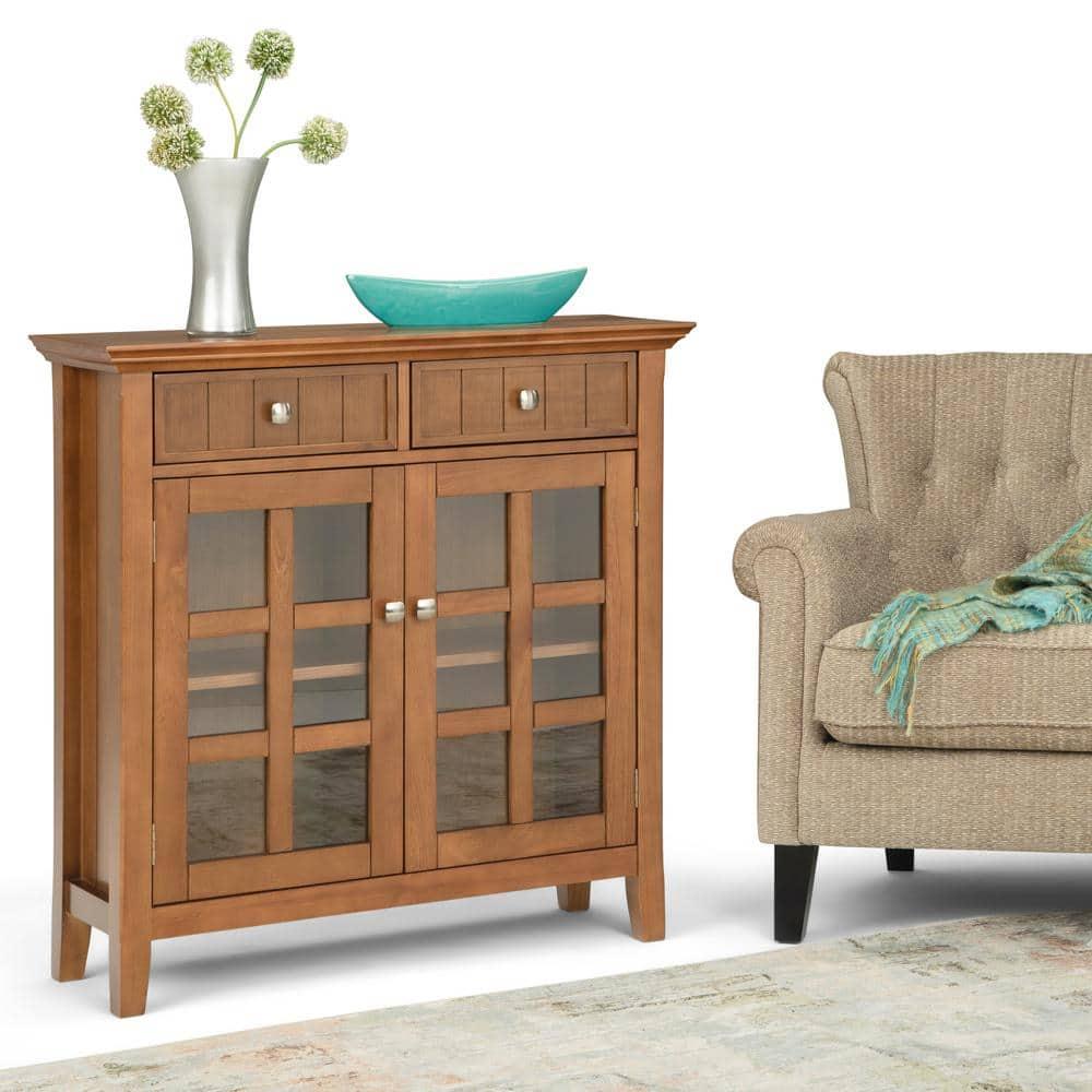 Simpli Home Acadian 36"W Solid Wood 2-Shelf Entryway Storage Cabinet with Glass Doors and 2 Drawers