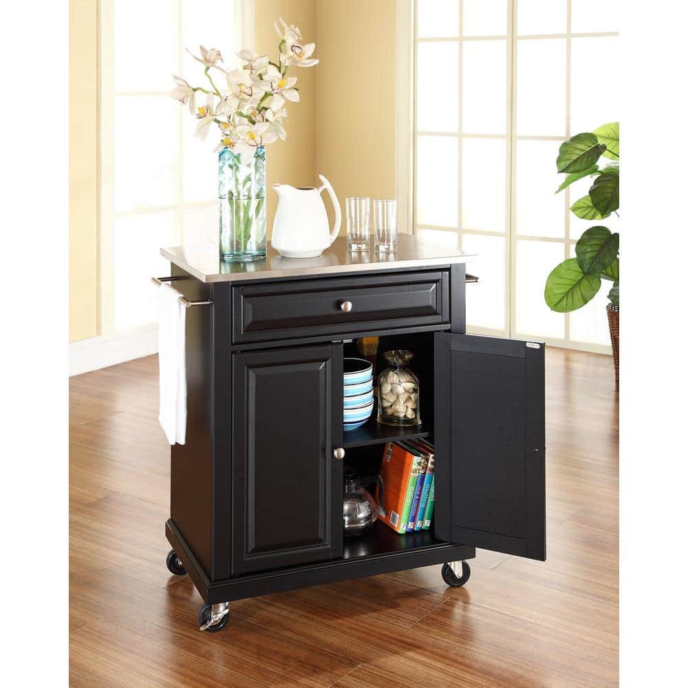 Portable Stainless Steel Top Kitchen Island Wood/Black - Crosley: With Storage, Adjustable Shelves & Casters