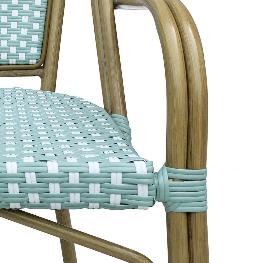 Cecil Aluminum and Wicker Outdoor French Bistro Chairs, Set of 2, Light Teal, White, and Wood Print