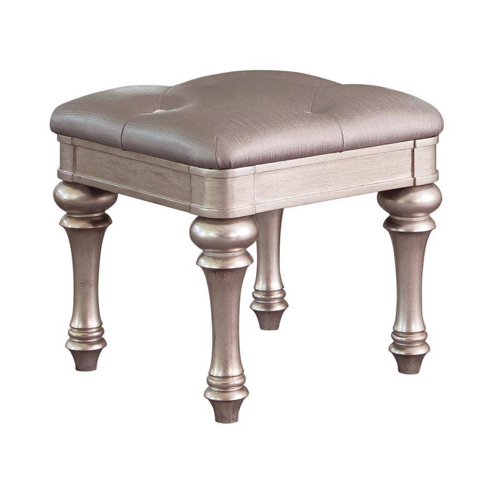 CintBllTer Bling Game Modern Glam Upholstered Accent Vanity Stool Metallic Gray Faux Leather Silver Finish
