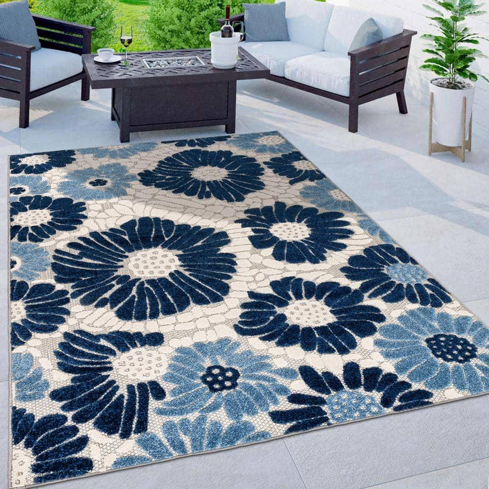 World Rug Gallery Palermo Modern Floral Indoor/Outdoor Area Rug - Navy 5' x 7':  Weather-Resistant,  Low Pile,  Botanical Pattern