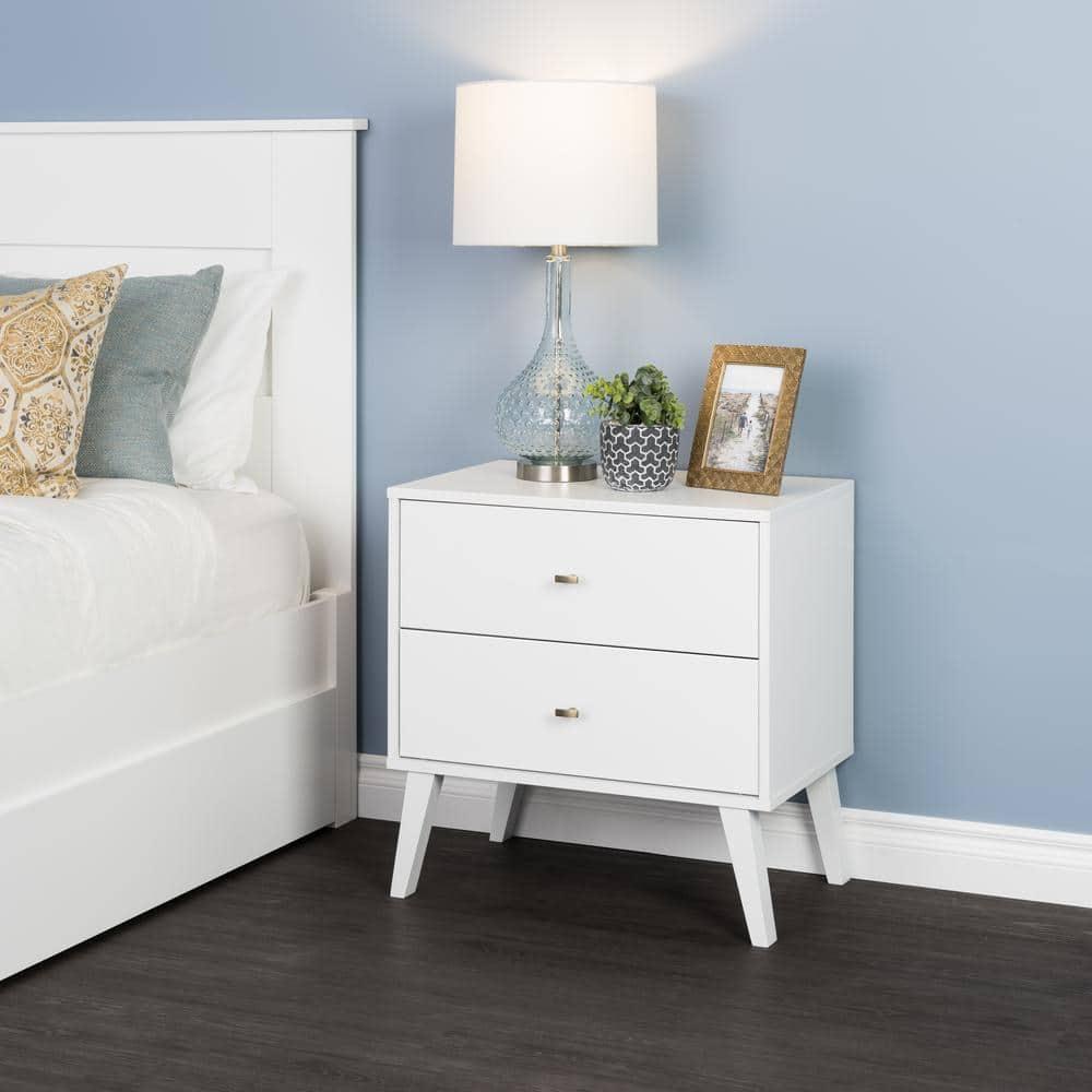 Mid Century Modern 2 Drawer Wide Nightstand White - Prepac: Sleek Bedside Table, Tapered Legs