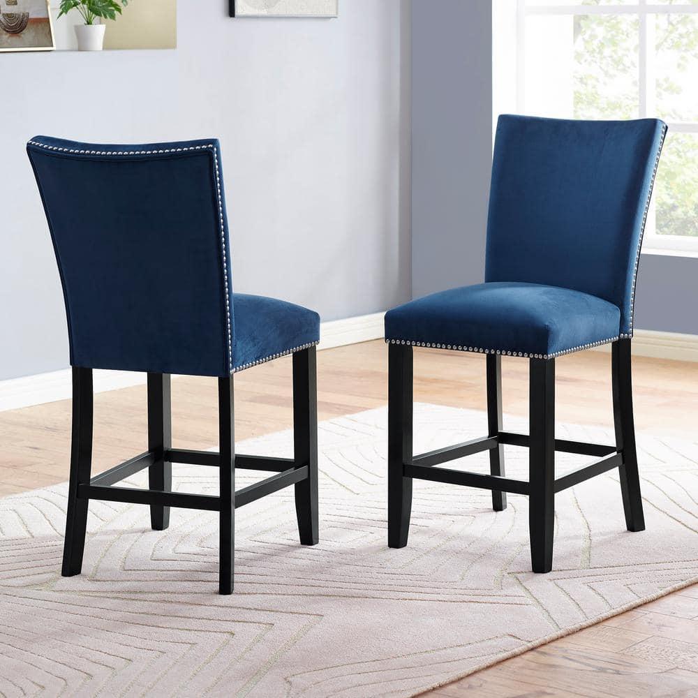 24" Set of 2 Camila Velvet Counter Height Barstools Blue - Steve Silver Co.: Nailhead Trim, Armless, Wood Legs, Spot Clean