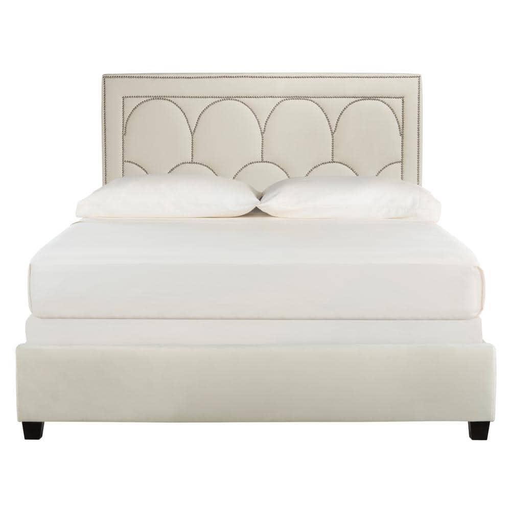 SAFAVIEH Solania Glam Upholstered Bed Frame with Nail Head, Queen, Cream
