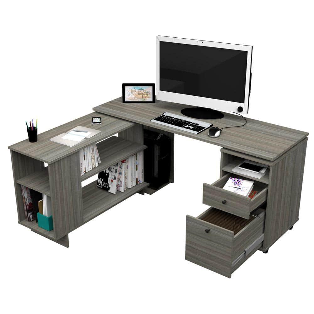 Inval L-Shaped Reversible Computer Desk, Smoke Oak