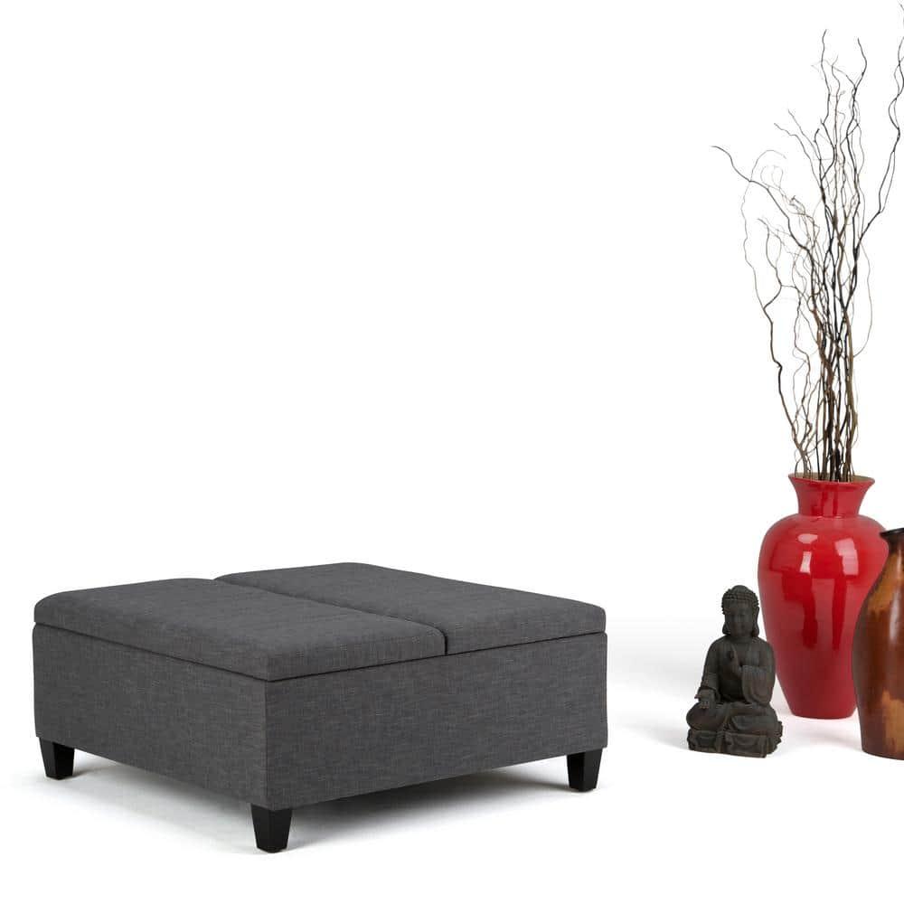 Simpli Home Ellis 36"W Upholstered Square Coffee Table Storage Ottoman with Split Lift Top