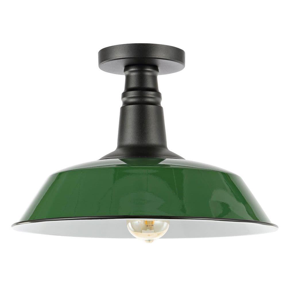 JONATHAN Y Camila 14" 1-Light Classic Industrial Indoor/Outdoor Iron LED Semi Flush Mount, Green/White, JYL7617F