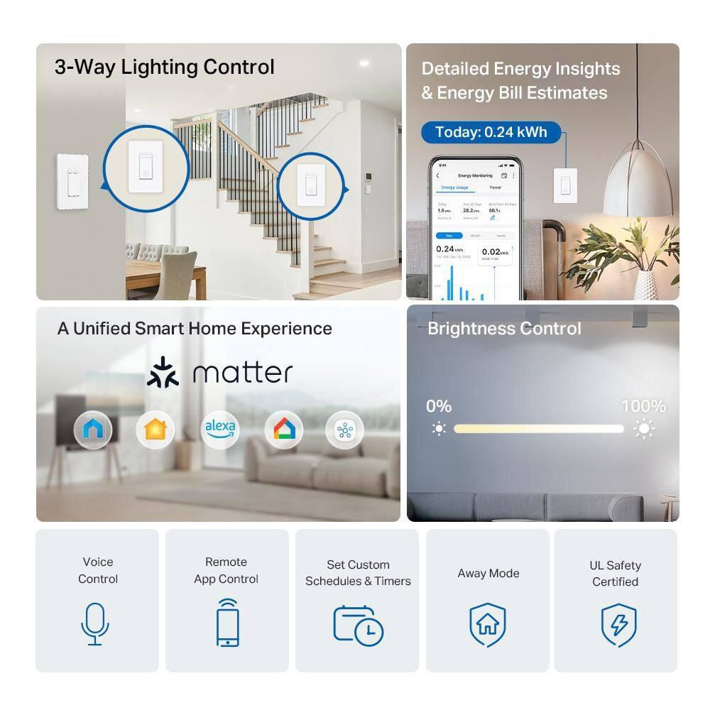 TP-Link Tapo Matter Smart Dimmer Switch, Single Pole, Neutral Wiring & 2.4 GHz WiFi Required, Compatible with Alexa, Siri, Google Home, Bixby, UL Certified Light Switch, (4-Pack)