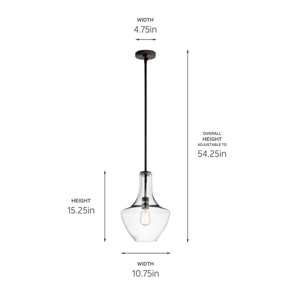 KICHLER Everly 15.25 in. 1-Light Olde Bronze Transitional Shaded Kitchen Bell Pendant Hanging Light with Clear Glass
