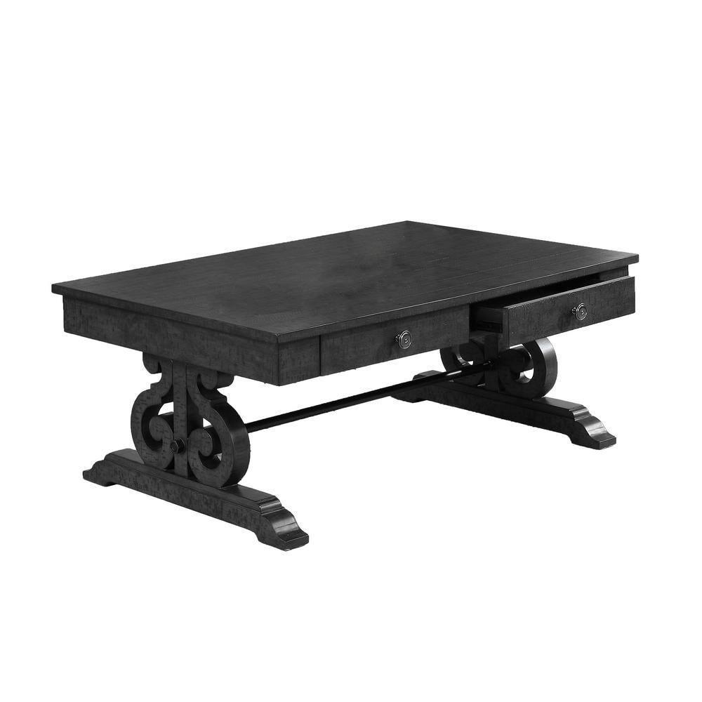 Traditional 2pc Coffee Table Set in Rustic Dark Gray Wood with Drawer Storage