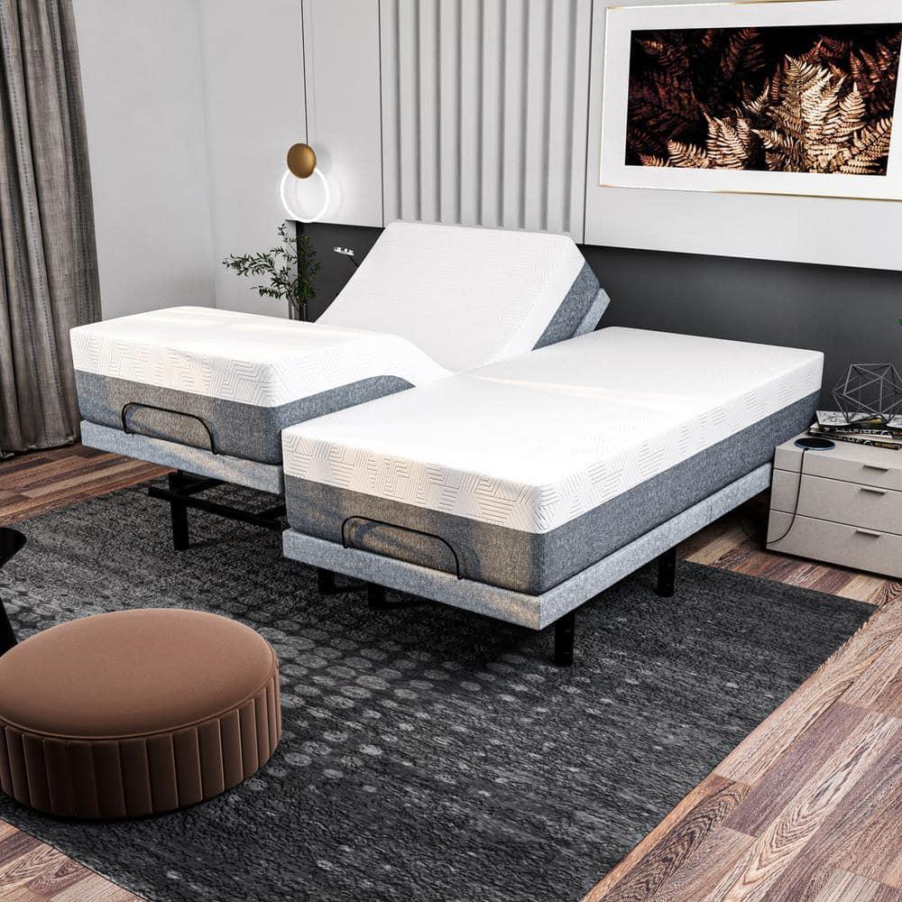 Renanim Serenityflex Adjustable Base & Hybrid Mattress – Split King-Size Adjustable Base with 12 in. Cooling Gel Mattress, Massage, USB Ports, Remote & Under-Bed Light – Reclining Electric Bed Frame
