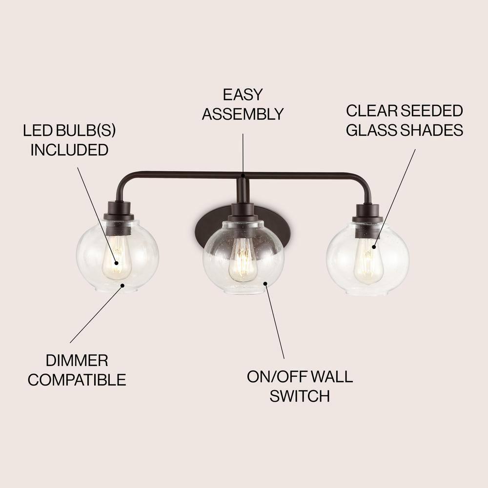 JONATHAN Y Sandrine 26.25" 3-Light Iron/Seeded Glass Cottage Rustic LED Vanity Light, Oil Rubbed Bronze