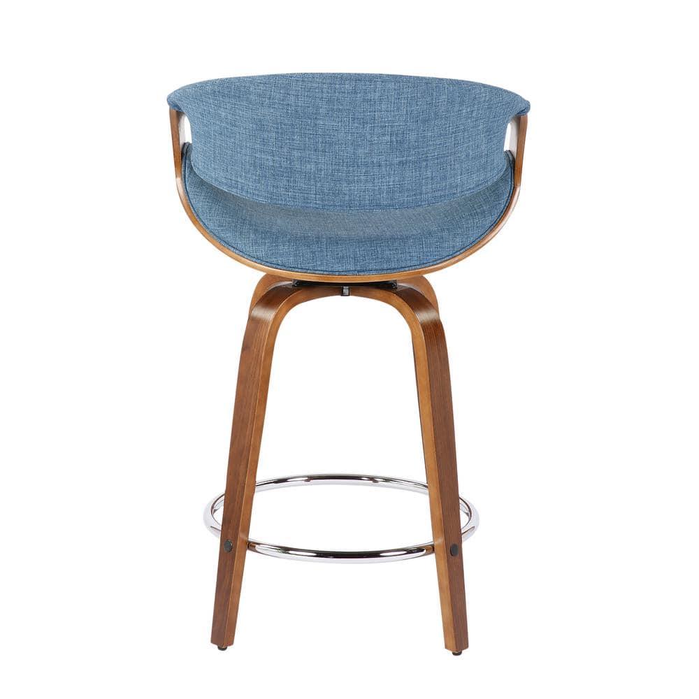 LumiSource Set of 2 Curvini Upholstered Counter Height Barstools Blue/Walnut: Swivel, Chrome-Plated, Wood Legs