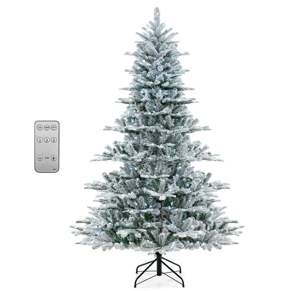 Costway 7Ft Premium Hinged Snow Flocked Slim Artificial Christmas Fir Tree w/ Pine Cones