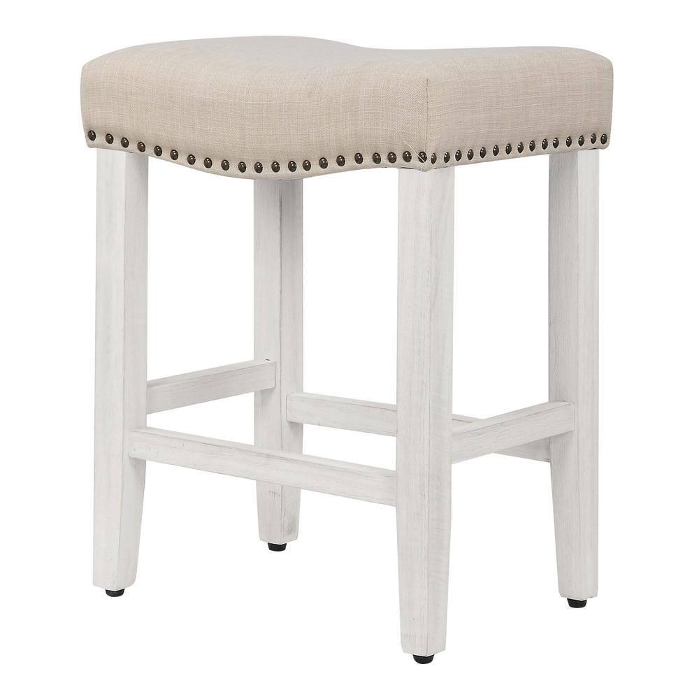 GRANDVILLE 24" Upholstered Bar Stool with Nail Head Trim (Set of 2), Antique White/Beige