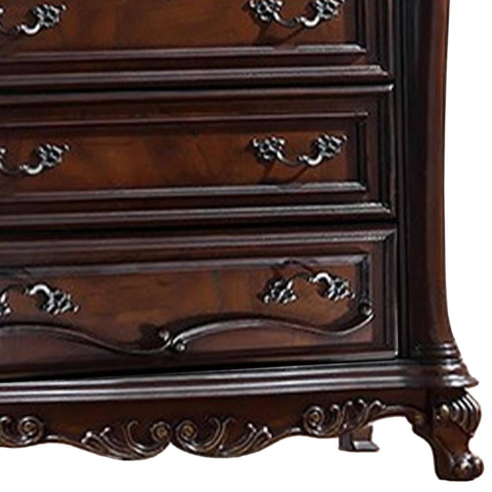 Benjara Venta Tall Dresser Chest, 5 Drawers, Carved Details Cherry Brown Solid Wood | Wayfair