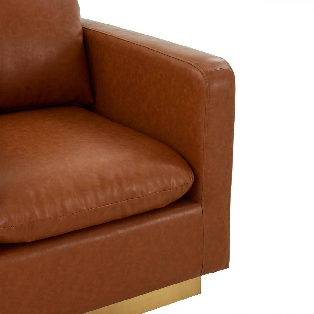 LeisureMod Nervo Accent Arm Chair Upholstered in Faux Leather with Gold Stainless Steel Frame in Cognac Tan