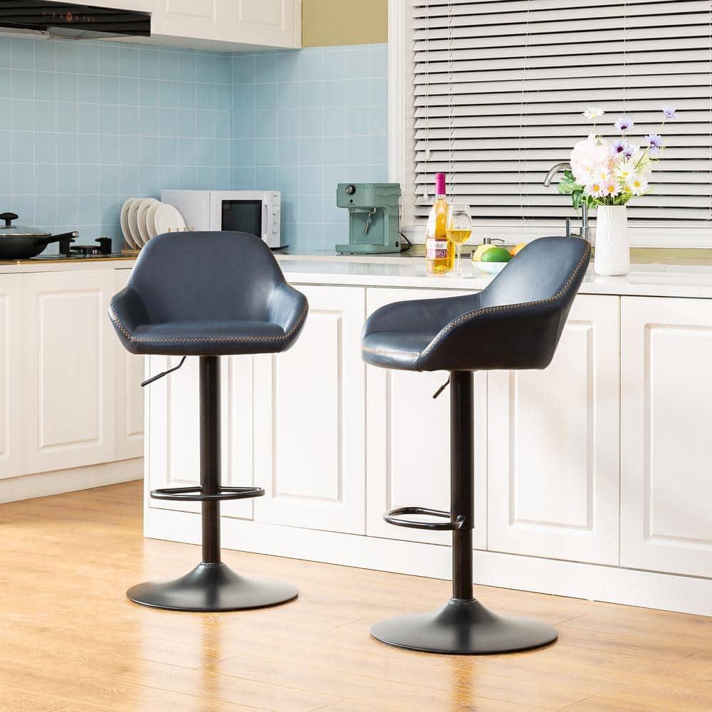 Glitzhome  42"H Mid-Century Adjustable Faux Leather Swivel Bar Stools Low Back Navy Blue Set of 2 Foam, Steel Faux Leather, Foam Footrest, Padded