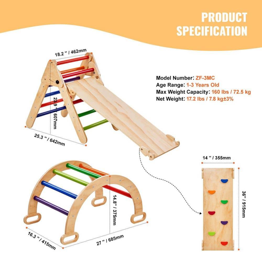 Pikler Triangle Set, 5 in 1 Toddler Climbing Toys Indoor Playground, Ramp, and Arch, Montessori Climbing Set with Triangle, Medium Size Wooden Climbing Gym for Toddlers 1-3 Years, Colorful