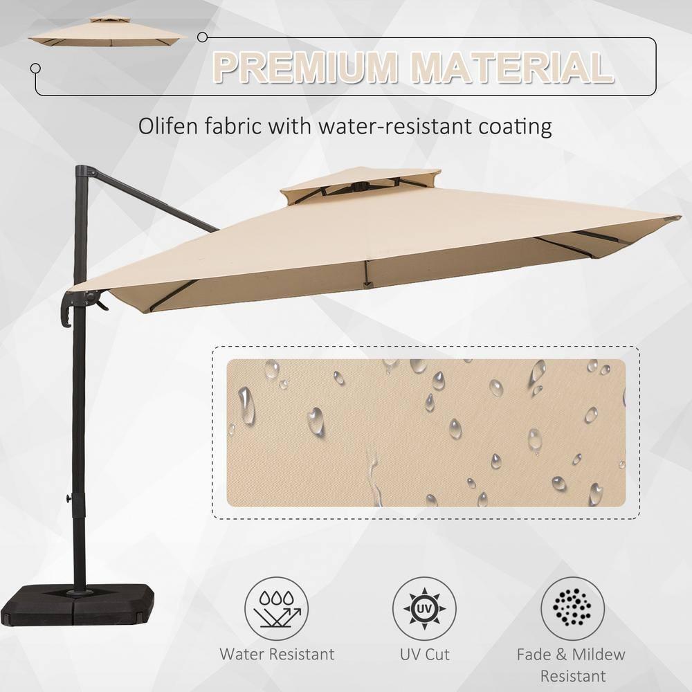Outsunny 10ft Offset Patio Umbrella with Base, Double Top Hanging Aluminum Cantilever Umbrella with 360-degree Rotation, Easy Tilt, 8 Ribs, Crank, Cross Base, Cover, Strap